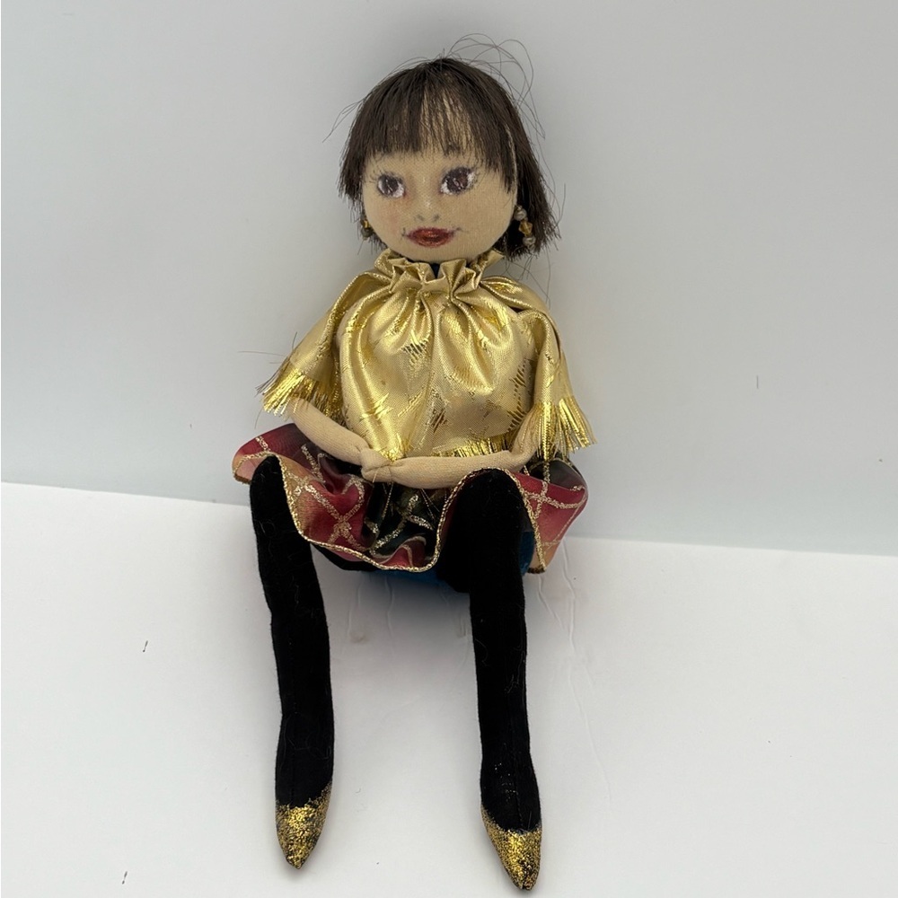 Handmade Vintage Shelf-Sitter Doll with Gold and Red Clothes